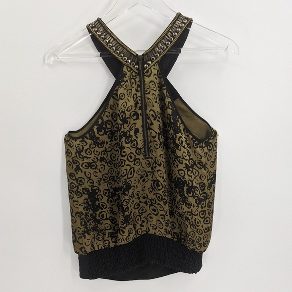 Bebe Silk Printed Beaded Open Shoulder Top Blouse - Picture 4 of 10